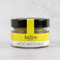 Artichokes Meze from Kalios, in a glass jar, front view. 