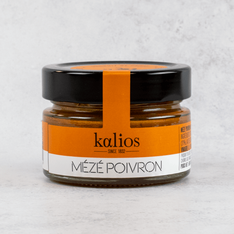 Peppers Meze from Kalios, in a glass jar, front view. 