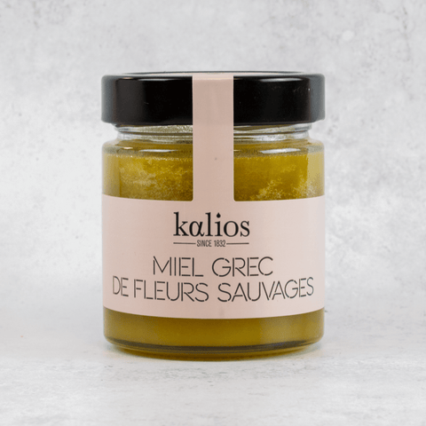 Honey - Wild Flowers of the Kalios brand in its glass jar, front view. 