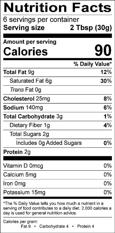 Image of the Nutrition Facts for the White Butter and Lemon Sauce.