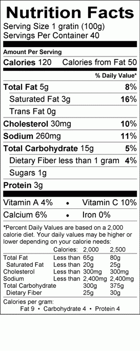 Image of the Nutrition Facts for the Frozen Potatoes au Gratin.