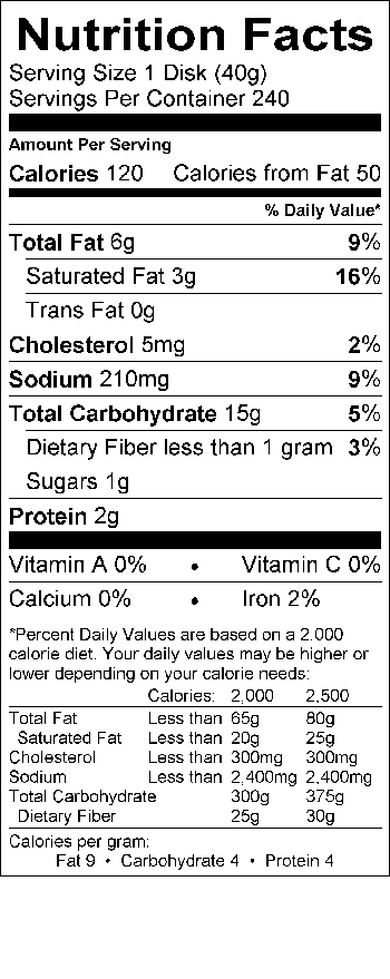 Image of the Nutrition Facts for the Empanada Dough.