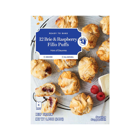 Assortment of 12 Raspberry & Brie Fillo Puffs stored in their cardboard packaging, front view. 