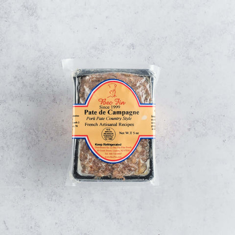 Pate de Campagne (Pork Pate Country Style) wrapped in its plastic from Le Bec Fin brand, seen from above. 