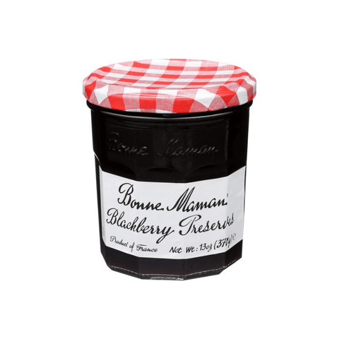 Glass jar of Blackberry Preserves from the Bonne Maman brand, front view.