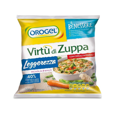 Plastic bag containing Vegetables Soup "Virtù di Zuppa", seen from the front. 