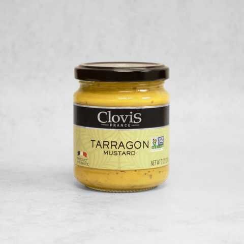 Glass jar containing French Tarragon Mustard from Clovis brand, front view. 