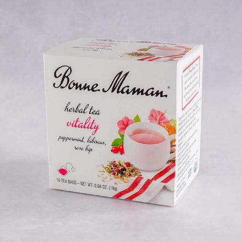 A box of Vitality Herbal Tea Bags (Peppermint, hibiscus, rose hip) from the brand Bonne Maman, front view.